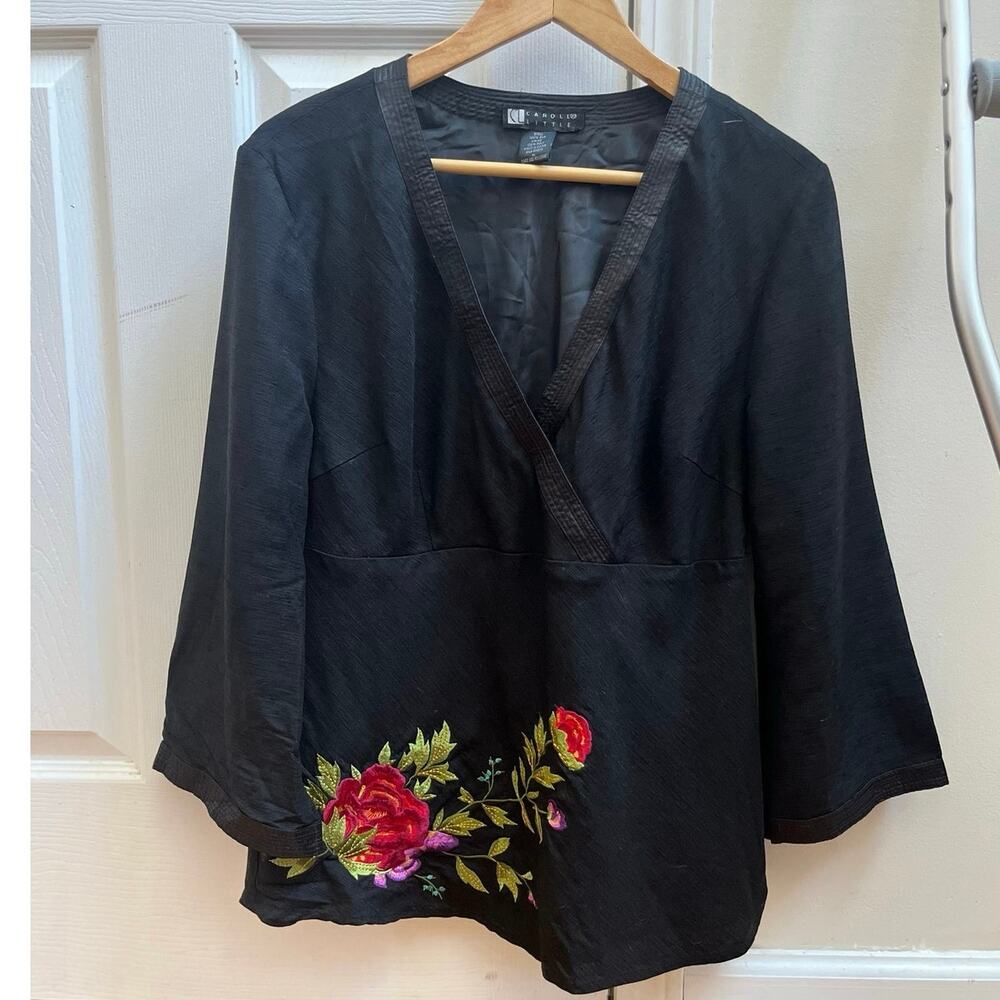 Vintage Y2K Carole Little Black Floral Embroidered Silk Shell Blouse XL